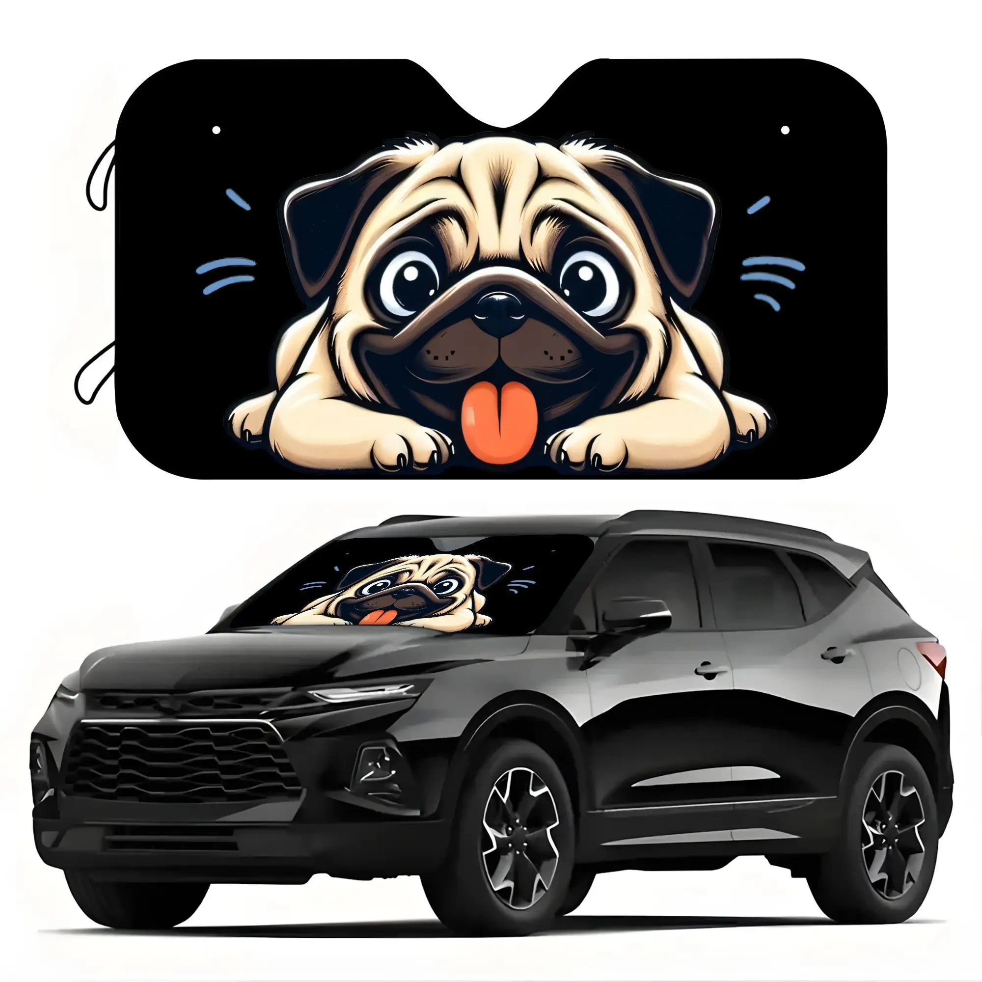 2D Plane 1pc Sticking-Out Tongue Pug Car Sun Visor Uv-Proof Sun Shade for Car Interior Easy to Install Universal