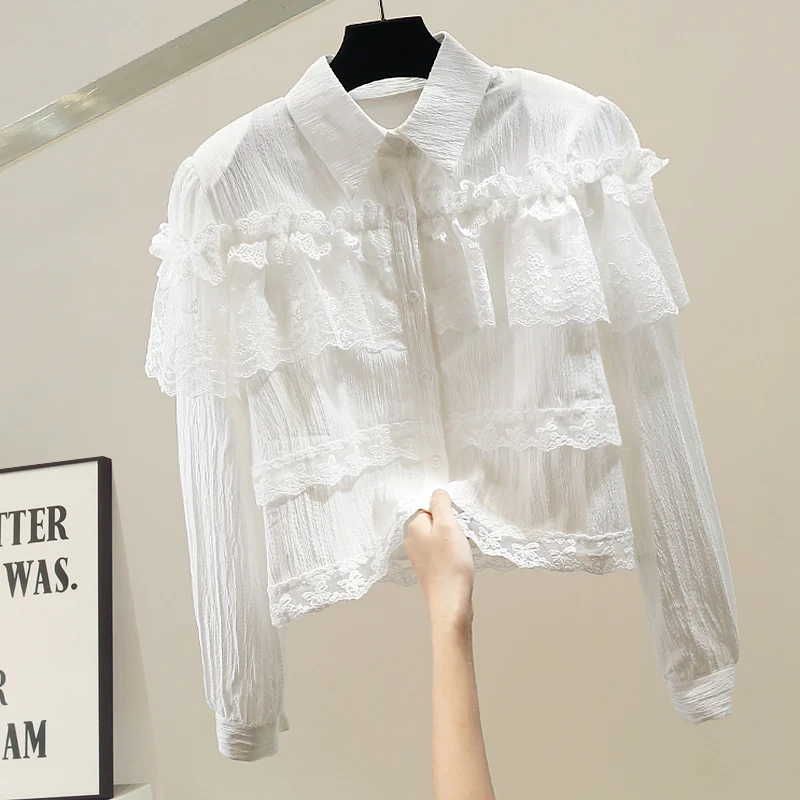 

White Lace irt Women's Heavy Embelliment Design Versatile Top Trendy Long Sve French Sle Loose Fit Teenage Faion