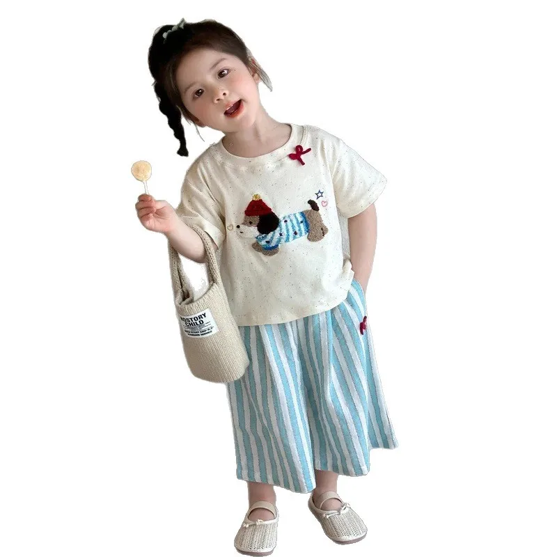 2026 Fashion Girls Baby Summer Clothing Sets Cute DogTops Shirts+stiped Pants,Kids Children Birthday Casual Clothes Conjuntos 4