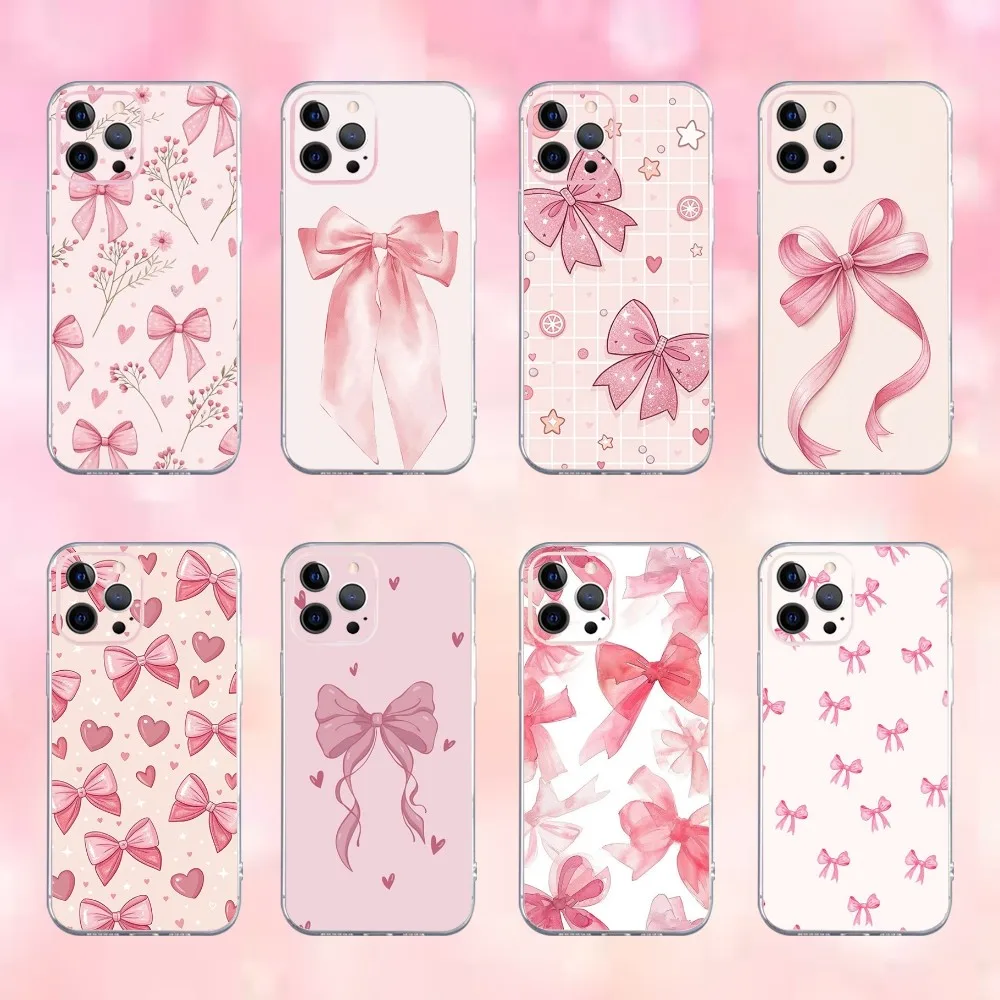 

Cute Pink B-Bowknot Phone Case For iPhone 16e,16,15,14,13,12,11 Plus,Pro,Max,XR,XS,X,Plus,SE,Mini Transparent Soft Cover