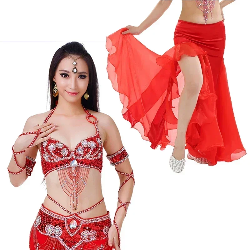 

Women Sexy Belly Dance Top Beaded Belt & Skirt 3 Pieces Belly Dance Costume Outfit Set Bra & Belt Female Bollywood Dance Clothe