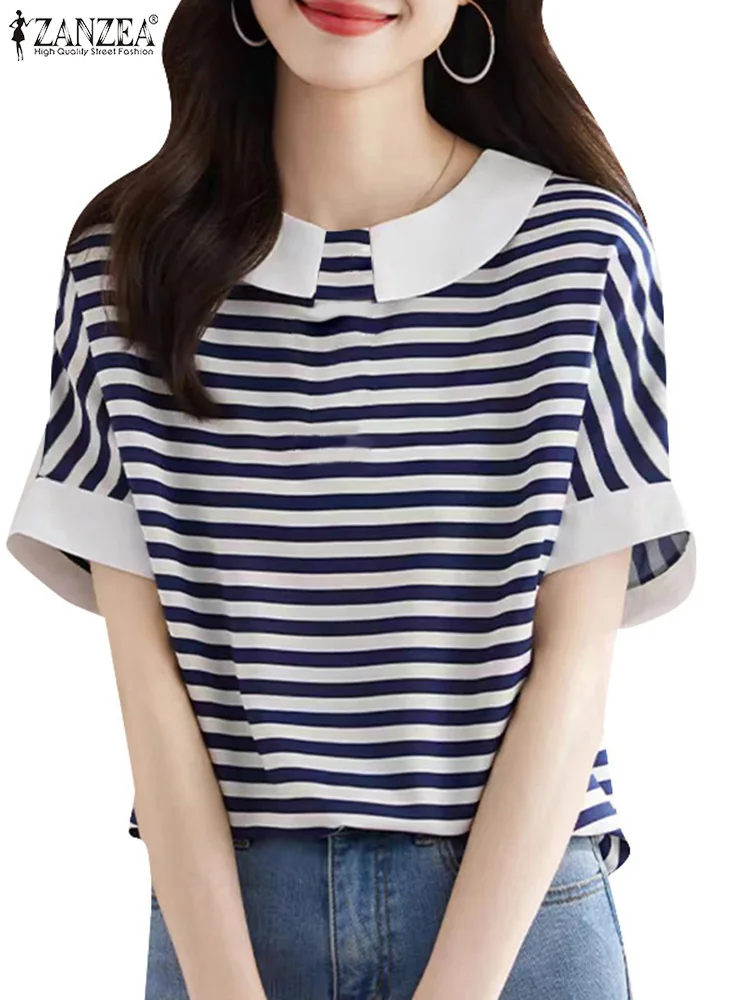 ZANZEA Women Plaid T-shirts Korean Doll Collar Simple Tees 2024 Summer Short Sleeve Tops Casual Colorblock Drop Shoulder Tunics