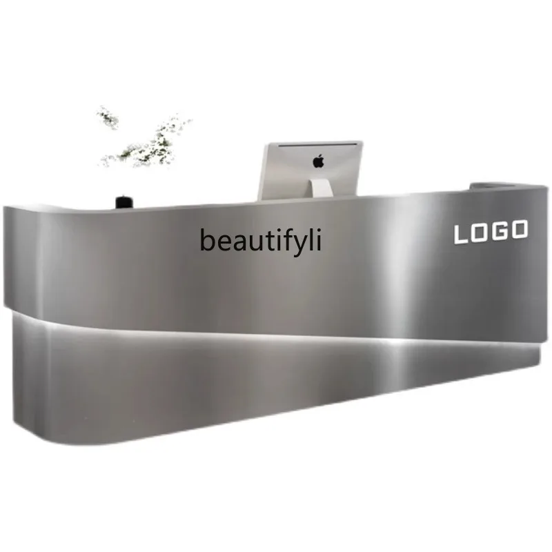 Stainless steel bar counter light luxury clothing store checkout page beauty salon reception desk curved front desk