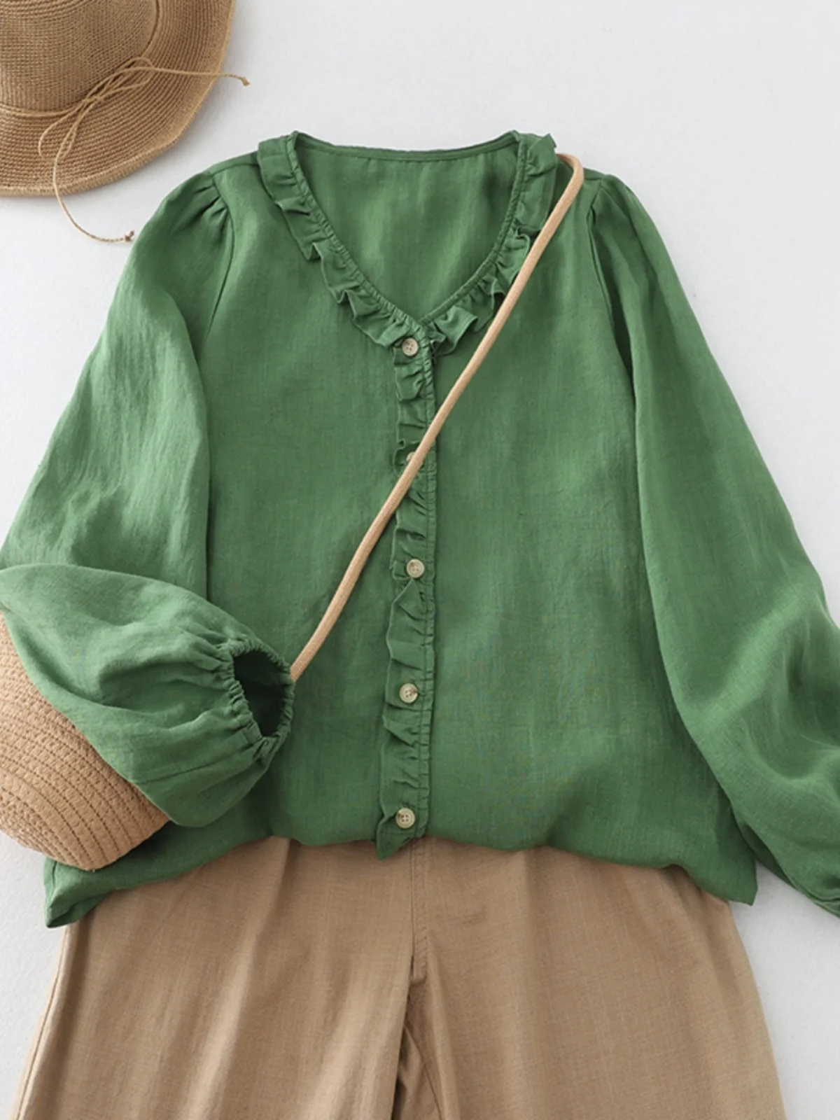 

Retro een Long Sve V-Ne Women's irt Splicing Wood ain Spring Anti-Aging Cotton Casual Sle Button Closure