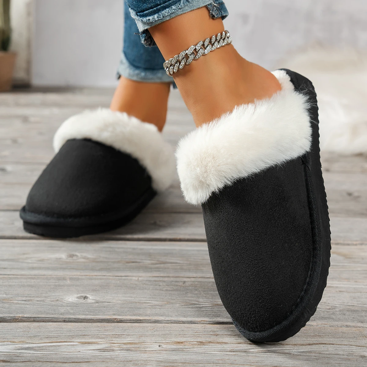 المرأة الشتاء بلون دافئ عدم الانزلاق مريحة كعب منخفض الانزلاق على شبشب منزل عادية سميكة لينة نعال قماش #6