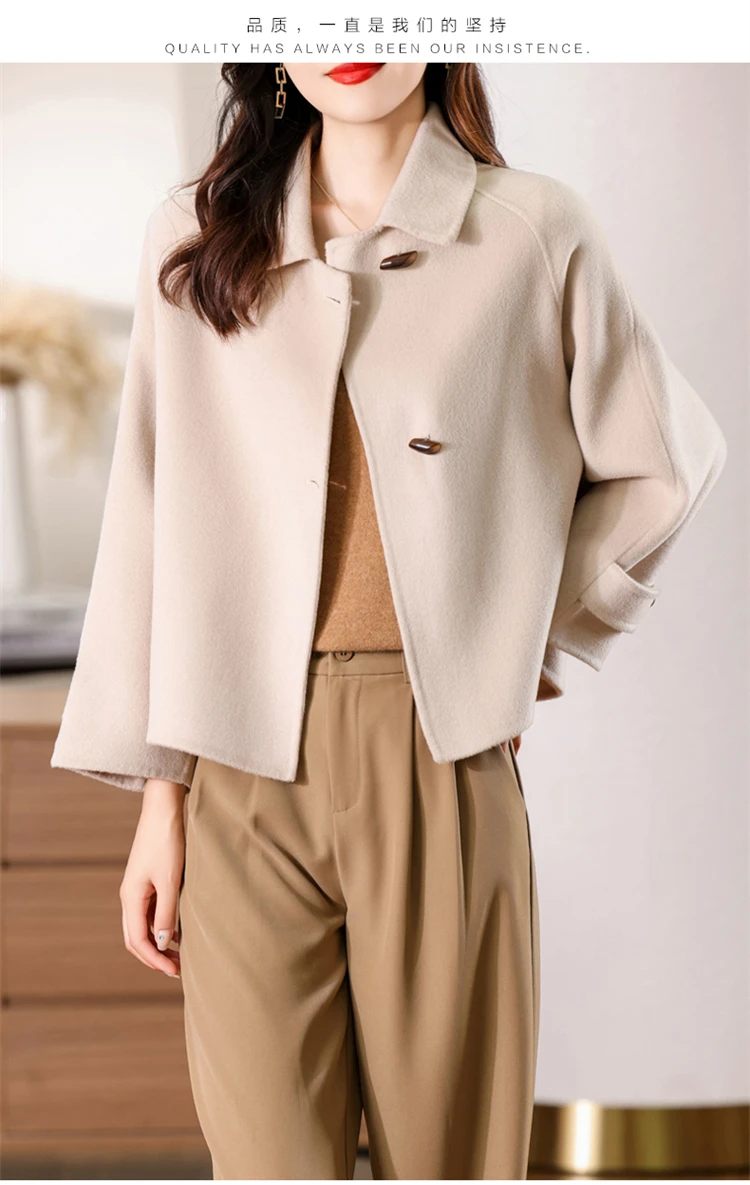 100% Merino Pure Wool Handmade Double-Sided Cloth Chic Coat Women's Short Oxhorn Button Heavy Coat High Street Elegant Top