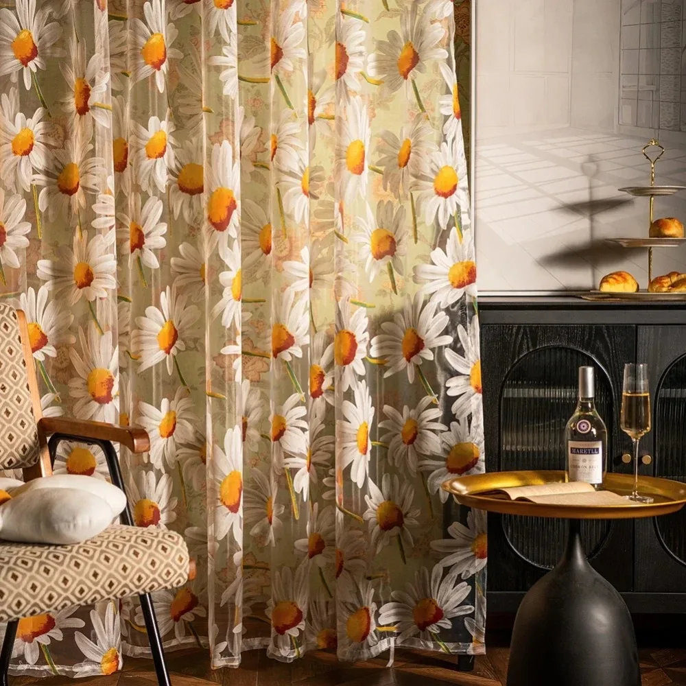 Gauze curtains for the living room and kitchen, and chrysanthemum printed curtains