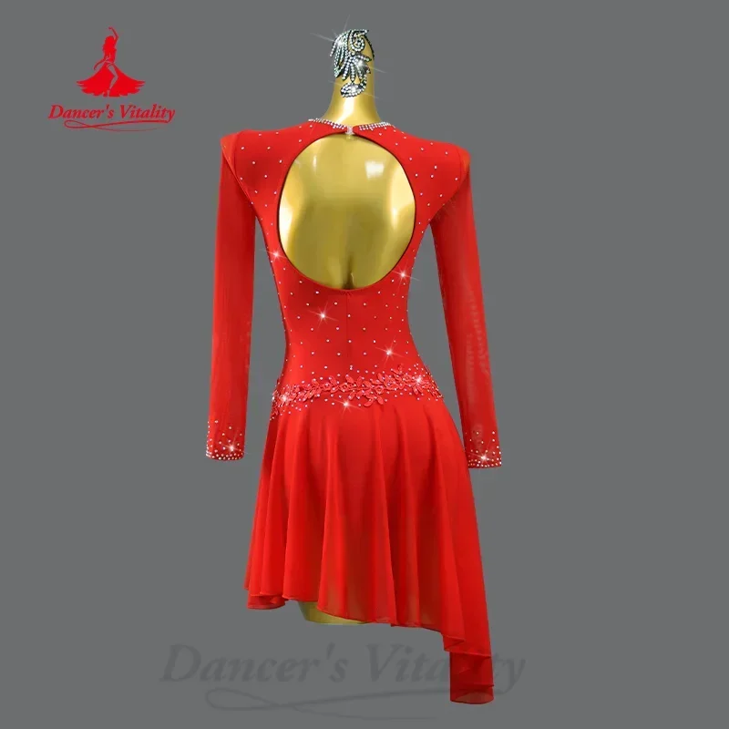 Latin Dance Long Sleeved Dress Women's Customized Light Luxury AB Stones Mesh Dress Adult and Children's Latin Practice Clothes