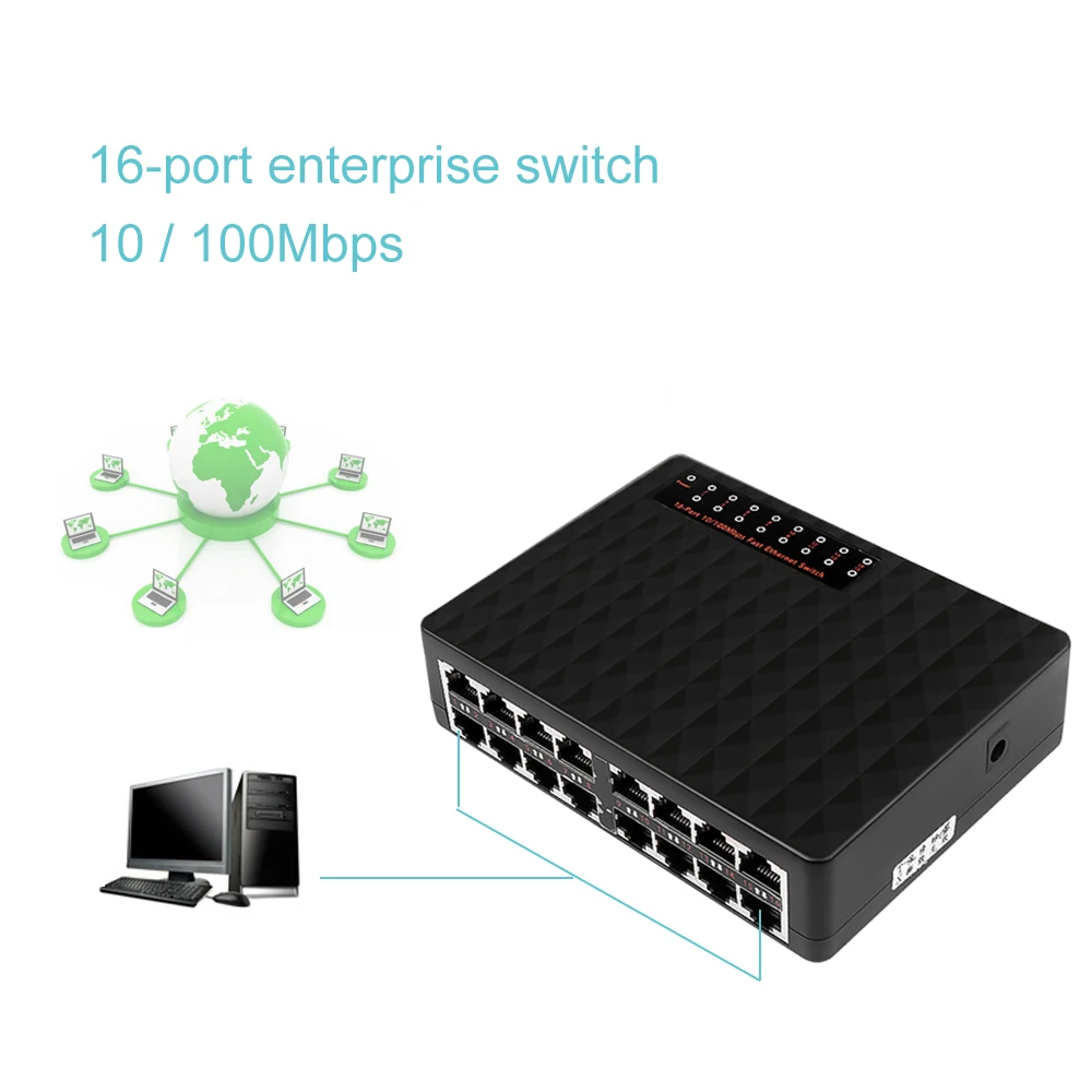 16 Port 10/100Mbps Network Switch Fast Ethernet Smart Switcher High Performance RJ45 Hub Internet Splitter