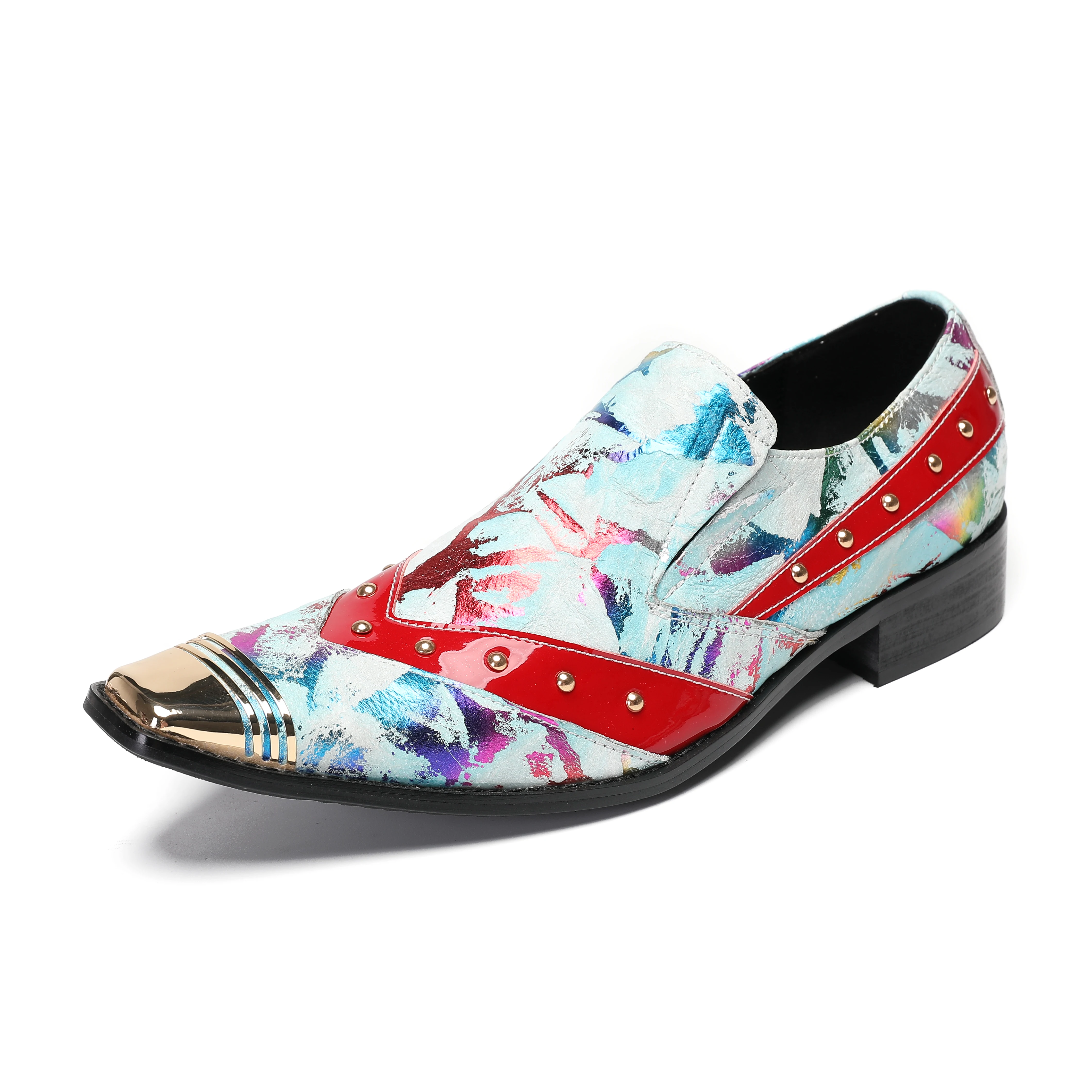 Summer Pointed Toe Shoes Man Rivets Mixed Color Real Cow Leather Dress Shoes Slip On Low Heel Loafers Male Luxury Order Shoes