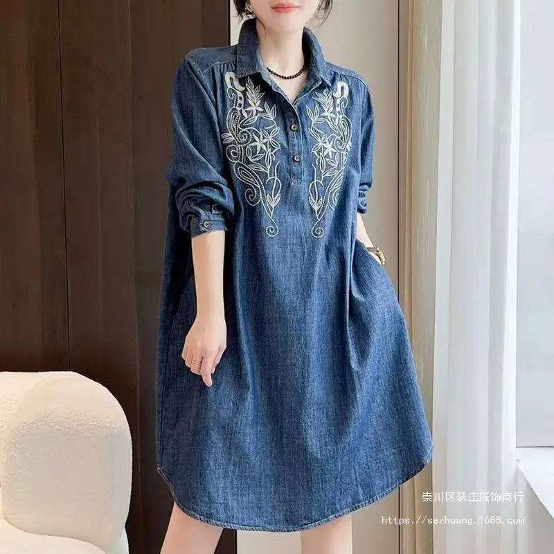 new vintage denim dress loose embroidered lapel shirt temperament long dress women