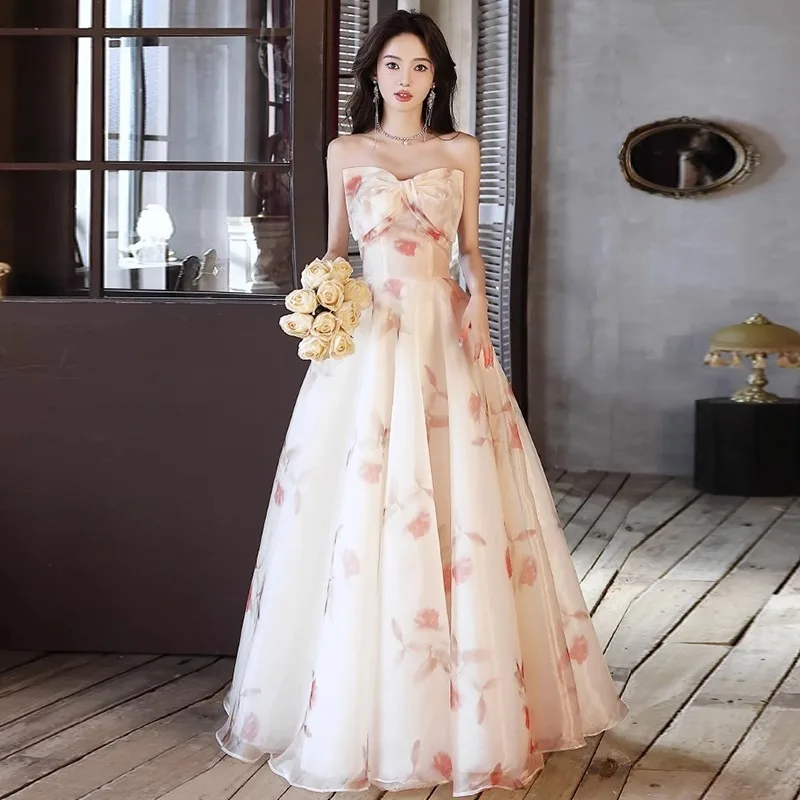 

Women's New Summer French Strapless Printed Evening Dress Fashionable Slimming Bow Decoration Banquet Performance Grand Dress