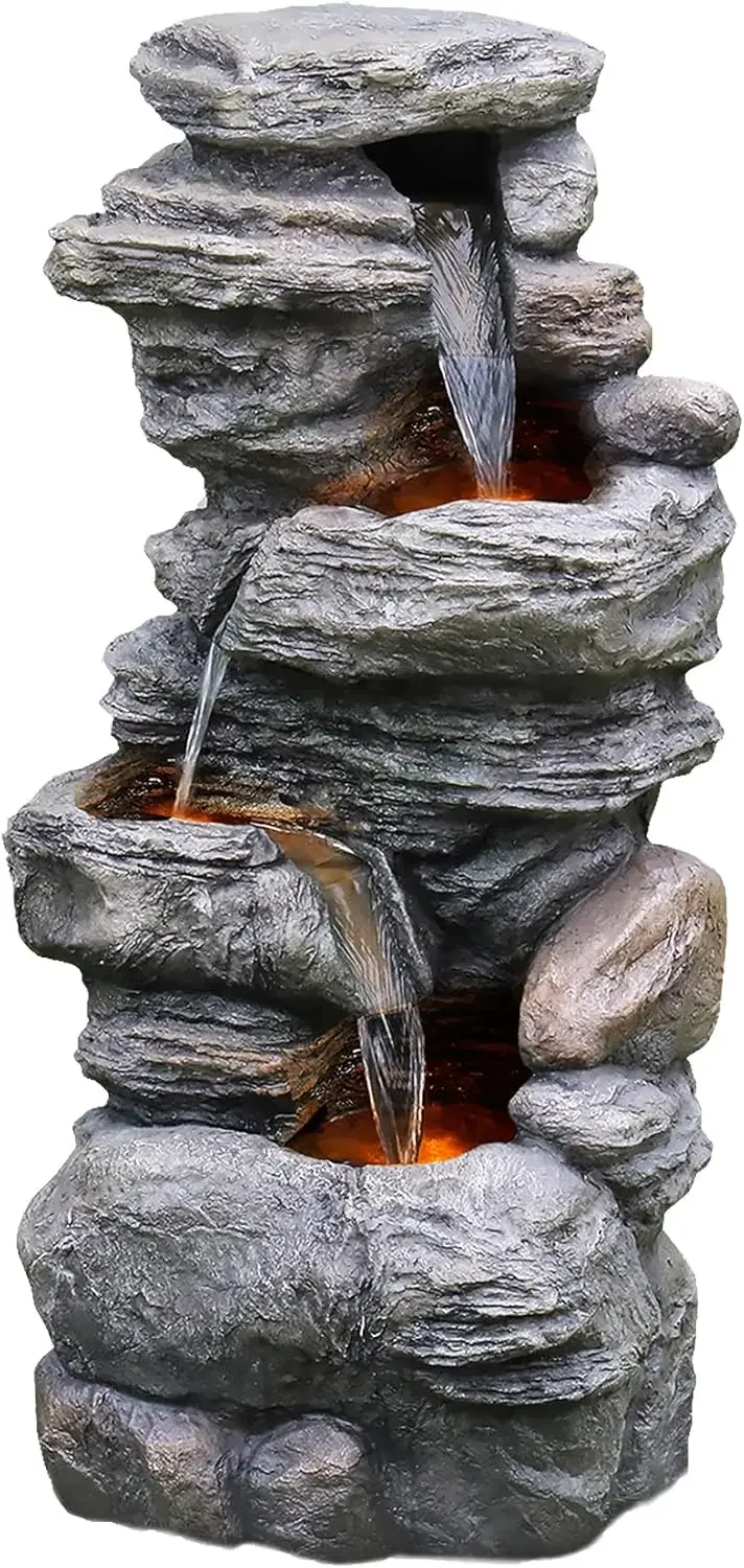 

Home 39.37 in. Outdoor Faux Stacked Stone 4-Tier Water Fountain with LED Lights and Pump