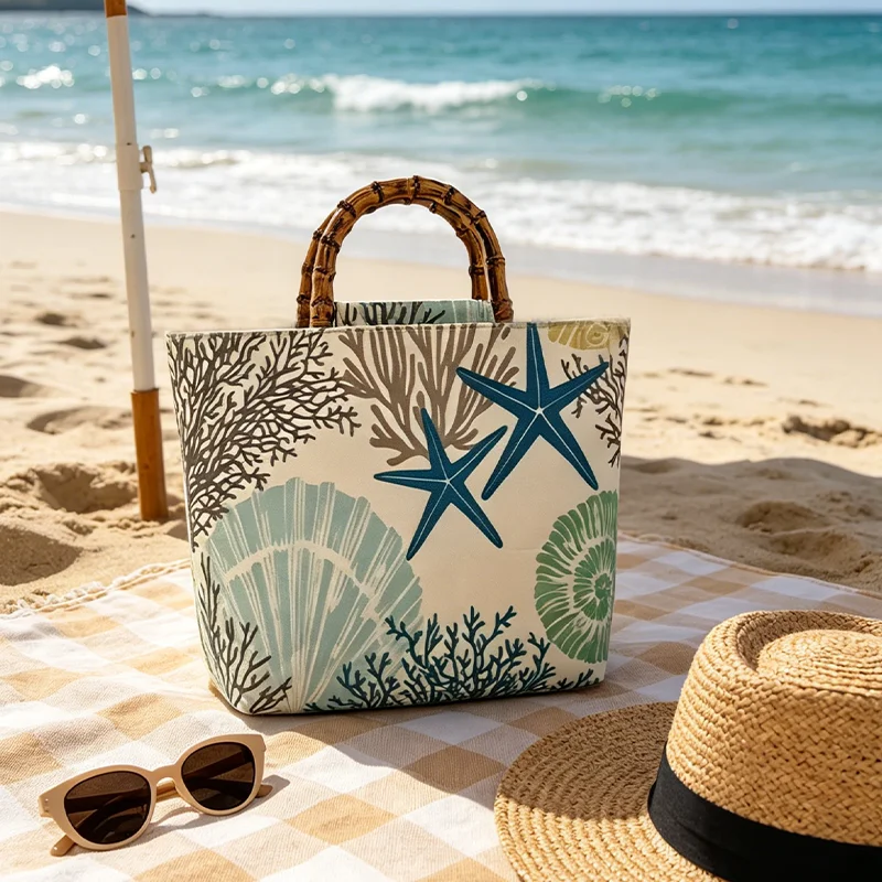 Blaue Seestern-Korallenmuschel-Print Kunstbambusgriff Damen-Tragetasche, Große Kapazität Pendler-Tasche – Detail 5