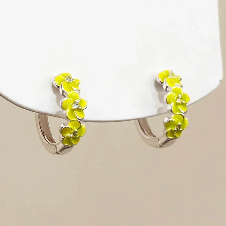 

Real 925 Sterling Silver Minimalist Enamel Flower Hoop Earrings for Women Cute Plant Fine Jewelry Accessories in Summer