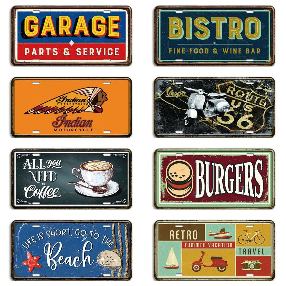 

Vintage Route 66 License Plate, Vespa Car Metal Sign, Beach, Beer, Burgers, Art Plaque for Garage, Cafe, Bar, Home Wall Decor