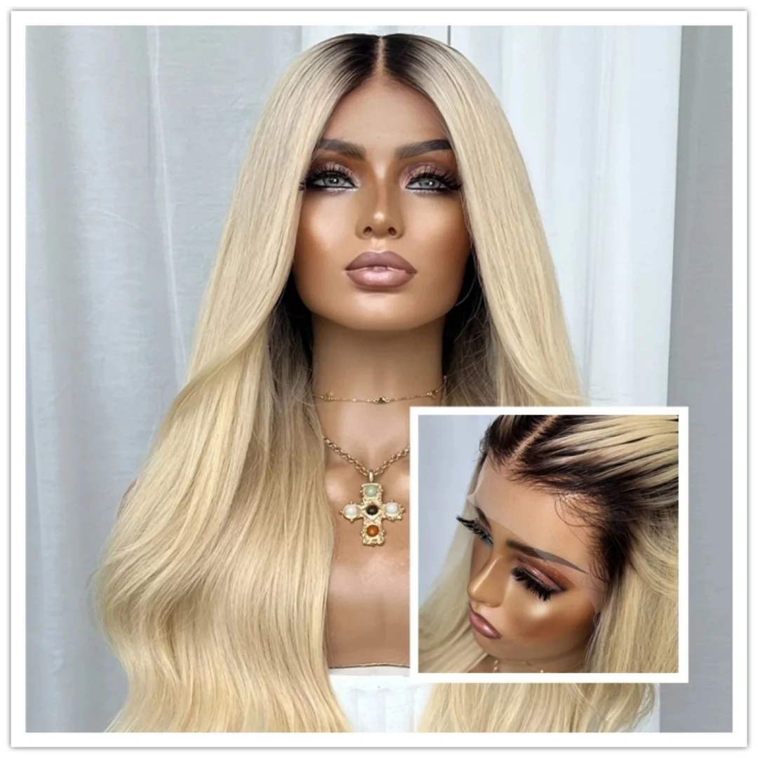 Golden Blonde Body Wave 13*4 HD Transparent Lace Wigs with Dark Roots Long Synthetic Wig Glueless Preplucked Hairline Futura Wig