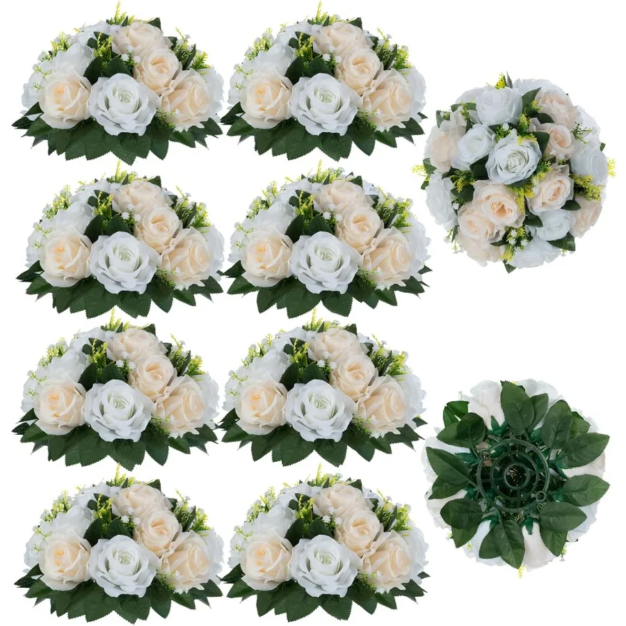 

10 Pcs Fake Flower Balls Wedding Rose Centerpieces with Base for Home Party Table Decoration Champagne and White Artificial Flo