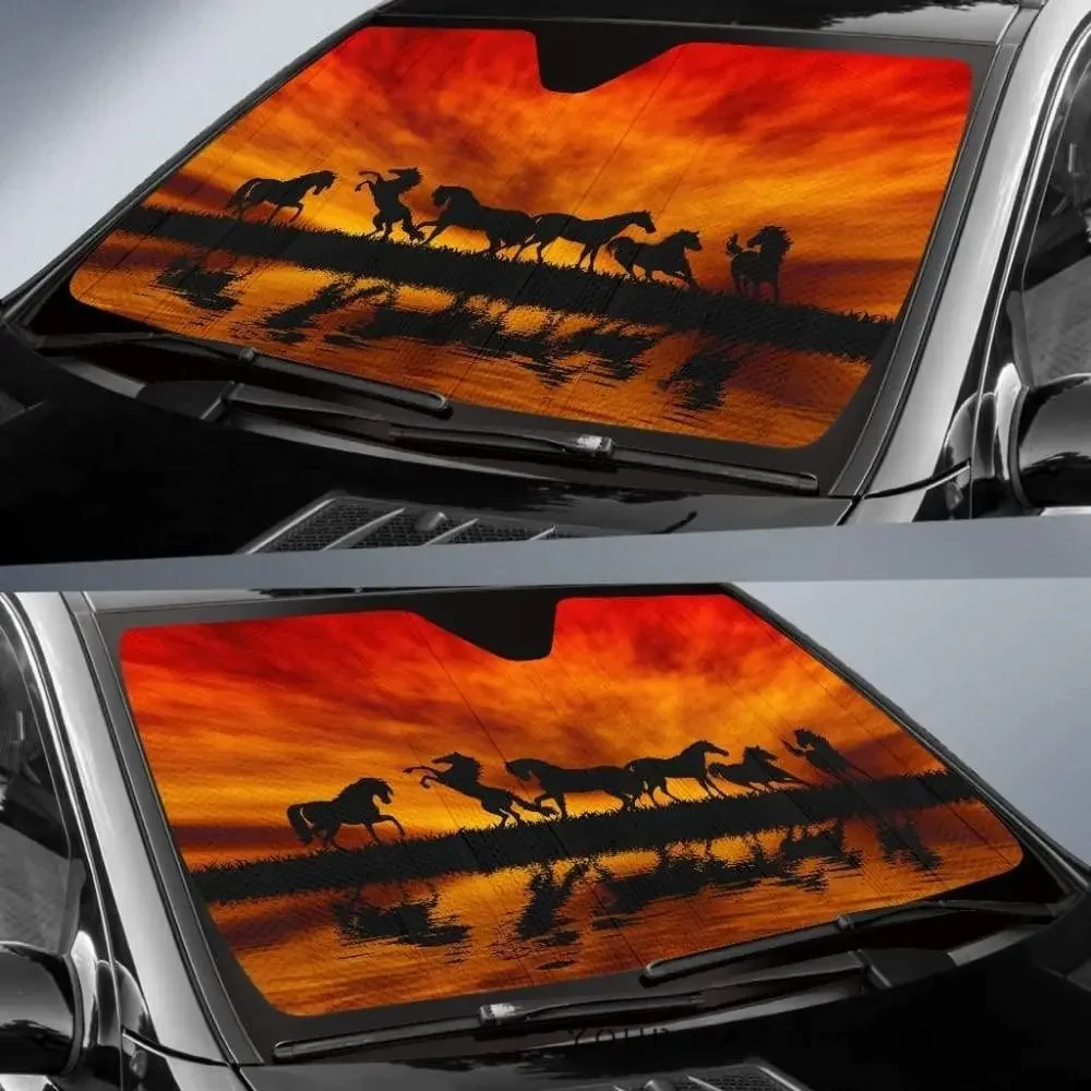 Running horse auto sunshade on sunset background, windshield sunshade, UV sunscreen car window sunshade for horse riders