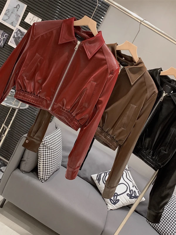 레트로 레드 스탠드 칼라 PU 가죽 재킷 여성용 2026년 봄 신상 홍콩 스타일 캐주얼 엘레강스 지퍼 코트