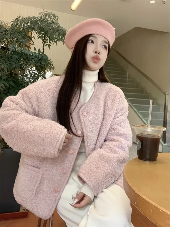 

plus Size Pink Lamb Fur Jacket Winter New Loose Slimming Thick Warm Coat Women's Korean Style Casual Long Sleeve Top