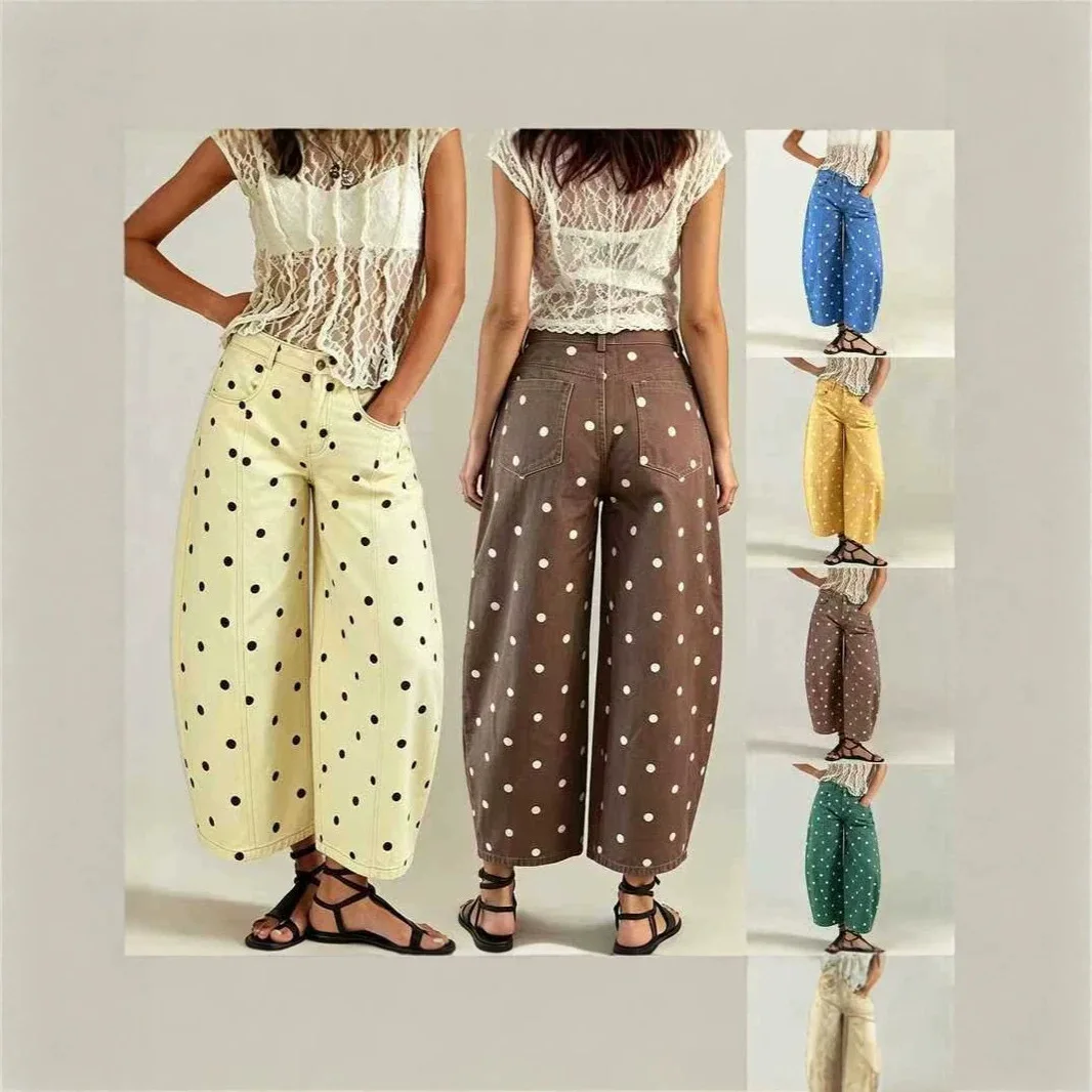 Polka Dot Curved Jeans Women Mid Waist Loose Fit Ankle Length Streetwear Casual Vintage New Chic Soft Cozy Denim Trendy Trousers