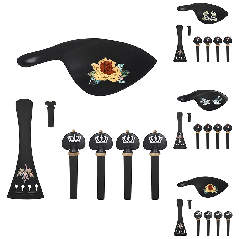 

4/4 Ebony Violin Parts With Chin Rest Endpin Tailpiece Tuning Pegs Inlaid Pearl Shell Vintage Pattern Decoration