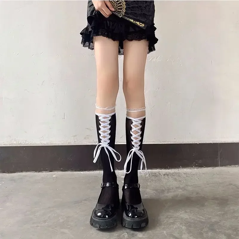 Lolita Girls Kawaii Knee High Lace Socks Women Sexy Fishnet DIY Bandage Bow Stockings Ins JK School Imitation Shoelace Mesh Sock