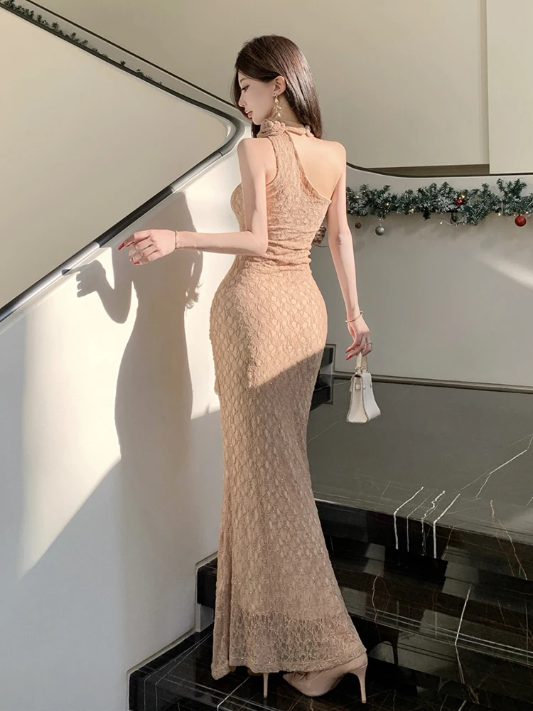 REDDACHiC Diamante Pizzo Desiderio Un pezzo Spalla inclinata Cut-Out lusinghiero Sirena Torsione Vestito aderente Estate Abiti sexy da donna