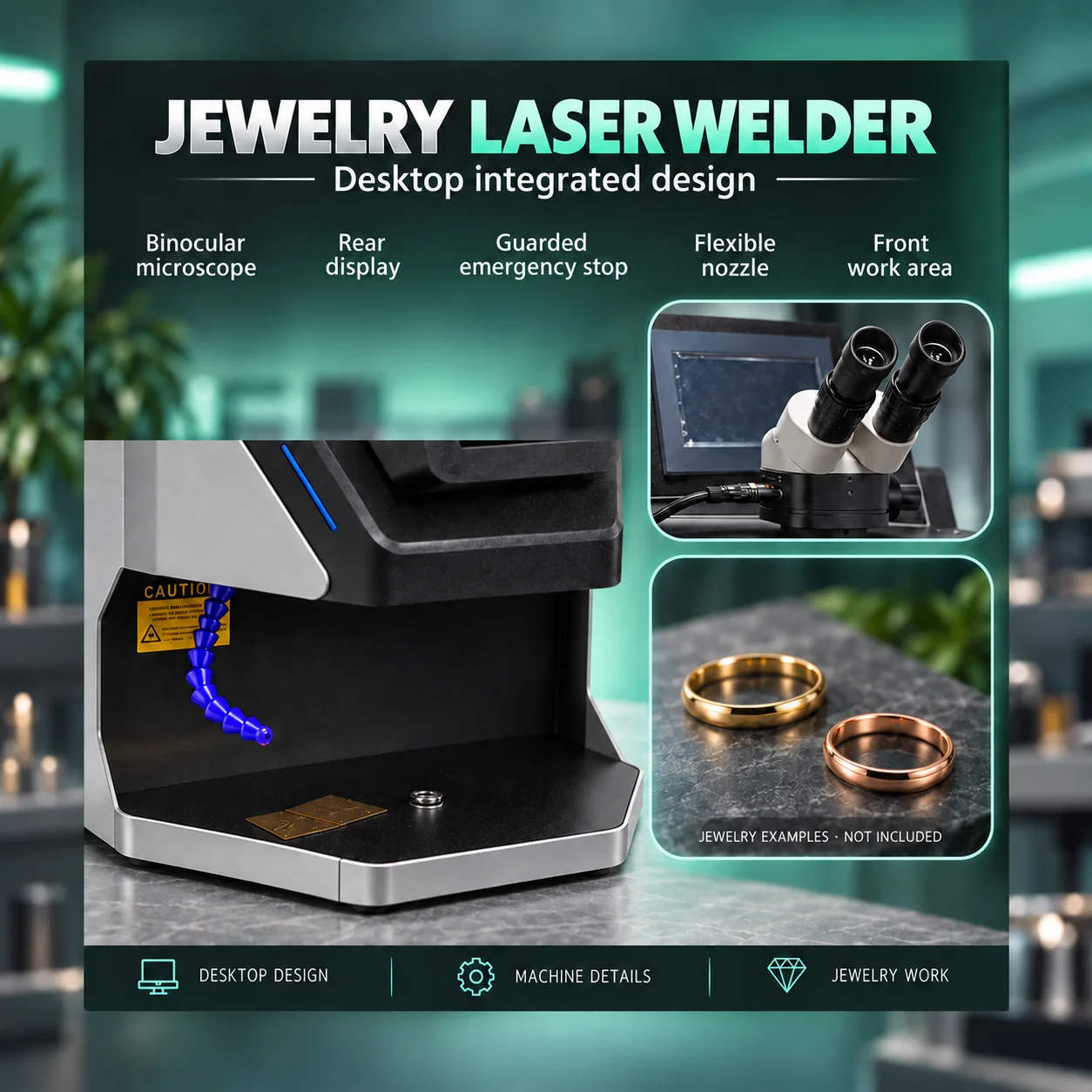 Jewelry Laser Welding Workstation with Rear Display, Front Work Curtain and Flexible Air Nozzle for Desktop Jewelry Repair