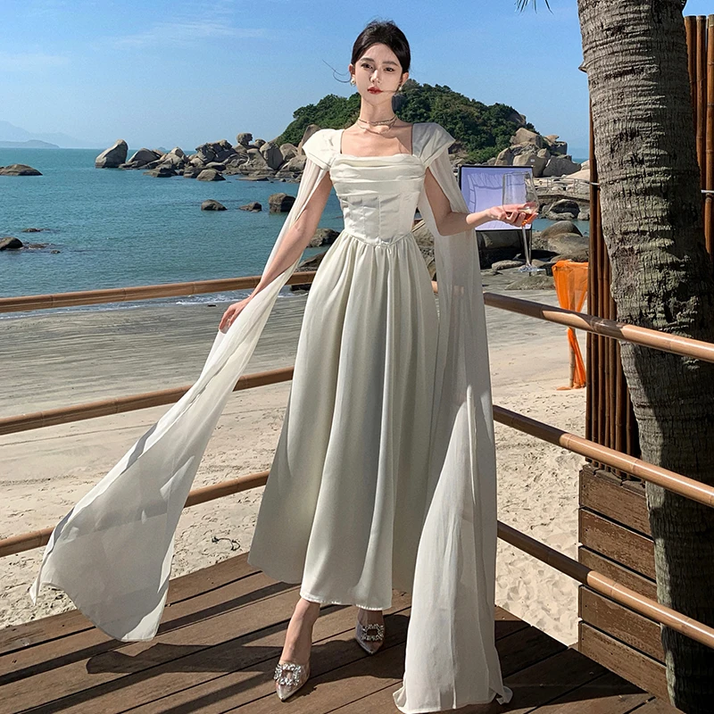 Elegant Beach Party White Luxurious Evening Midi Dresses for Women Summer French Chic Sleeveless Casual Vacation Female Clothing