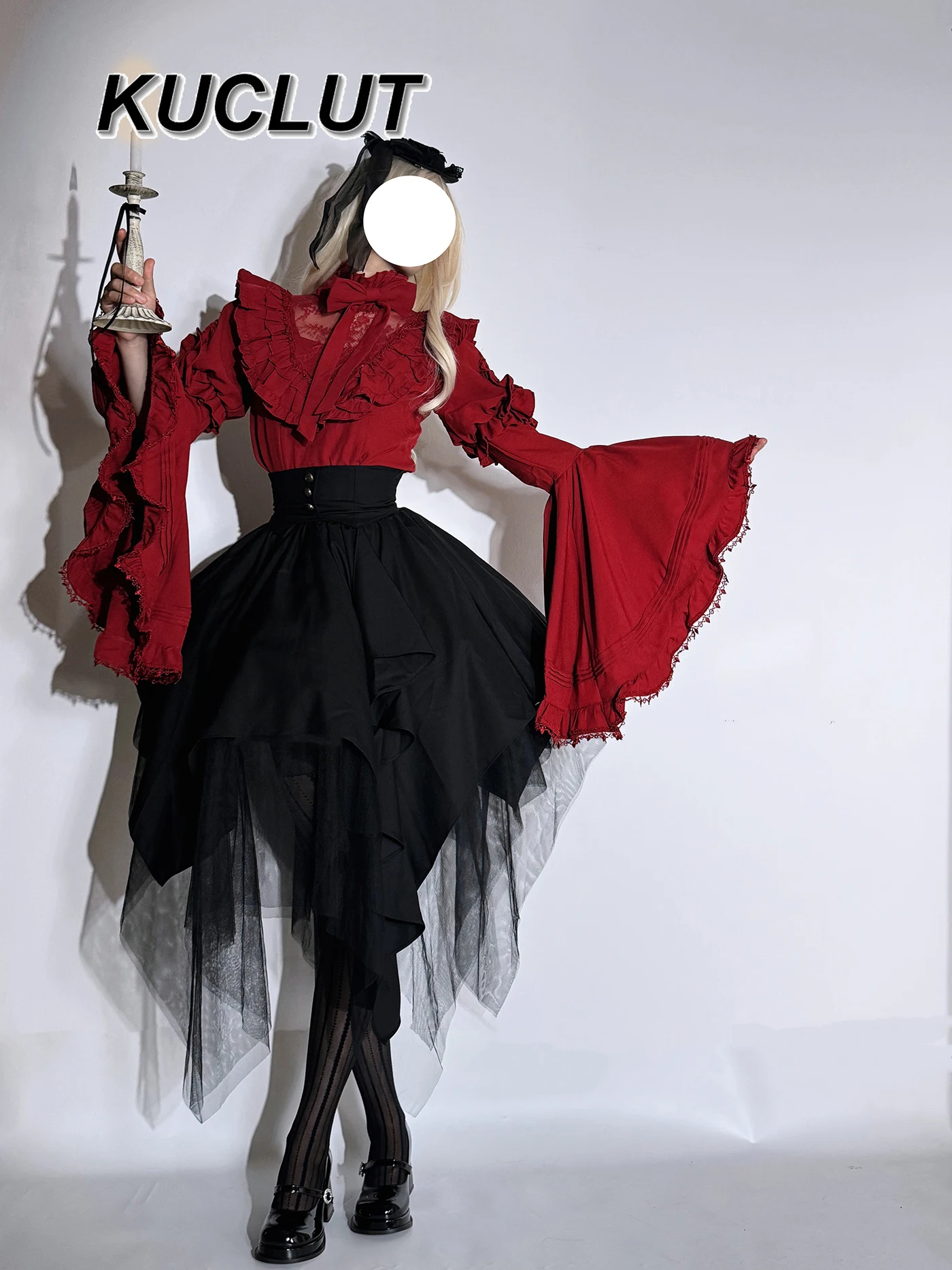 

Lolita Gothic Style Women's Two Piece Sets Halloween Dark Subculture Cosplay Costume Long Sleeve Shirt and Irregular Skirt Set