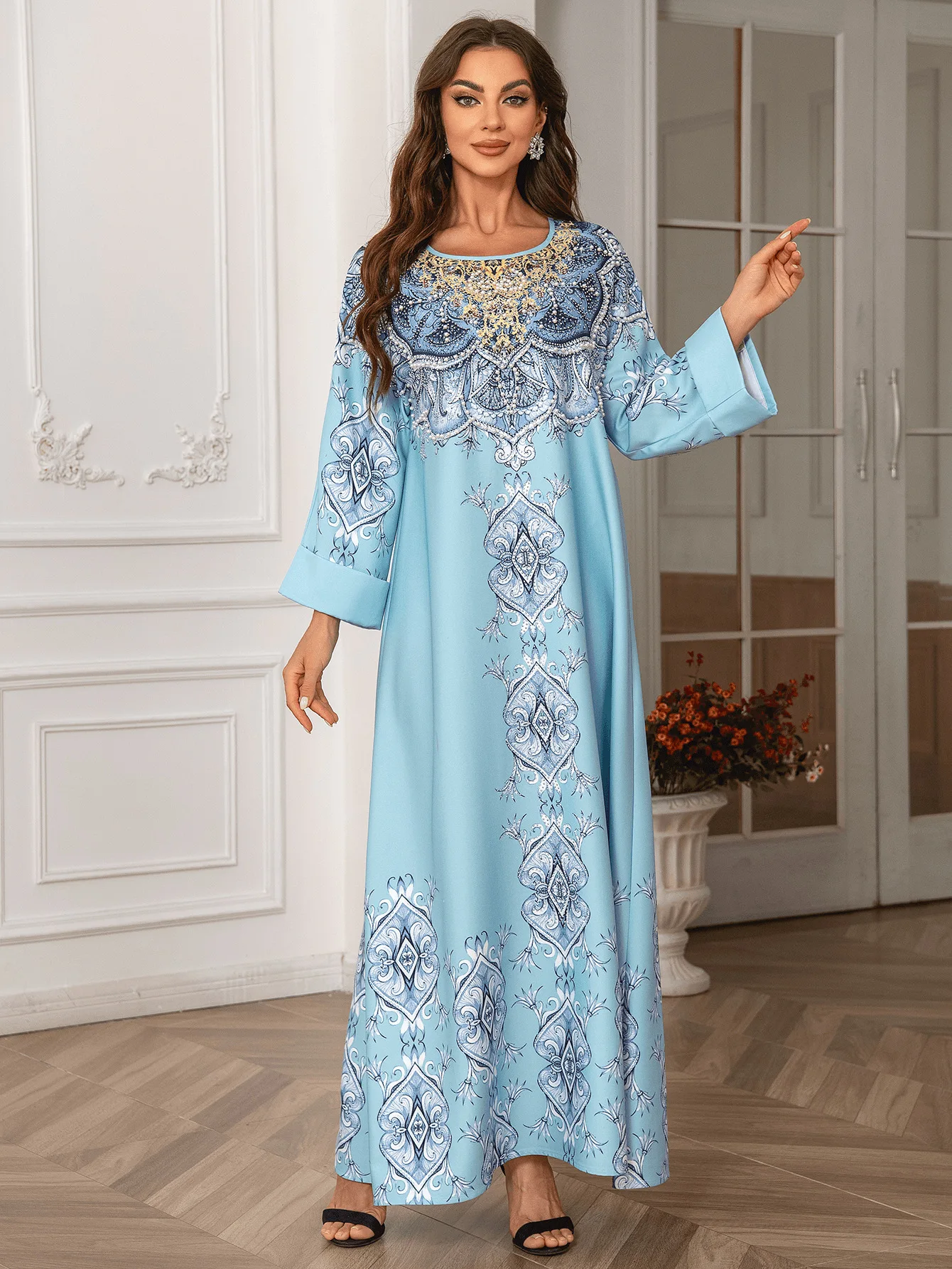 Diamond Printed Dress for Women Fashion Light Luxury Muslim Dress Women Abaya Dubai Clothes for Muslim Women Elegance Vestidos