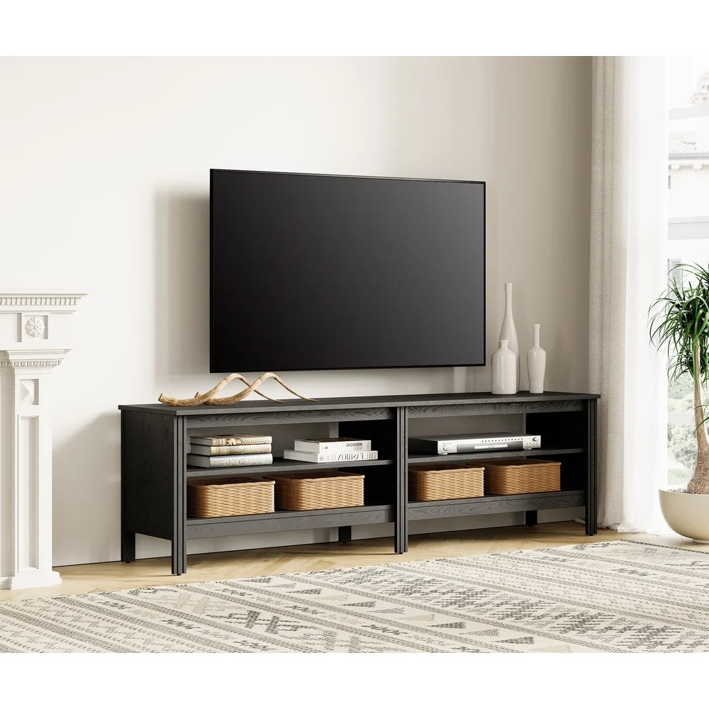 목재 TV 스탠드 75인치 TV 엔터테인먼트 센터(오픈 선반 4개 포함) 로봇 진공청소기와 호환되는 미디어 콘솔 보관 테이블