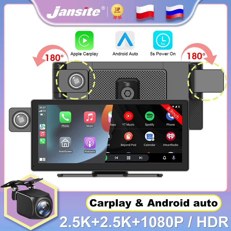 

Jansite 3 Channel Cameras Car DVR Adjustable 2.5K Front Inside 1080P Rear Camera Dash cam Mirror Recoder Carplay Android Auto BT