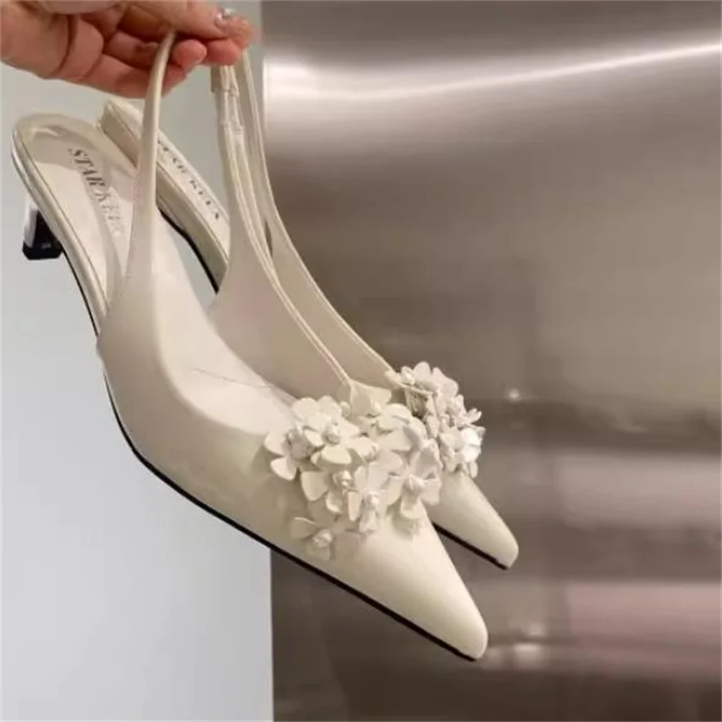 

Flowers Decoration Shoes for Women Pointed Toes Ladies' PU Leather Chassure Femme Back Strap Mid Heels Belts Zapatos De Mujer