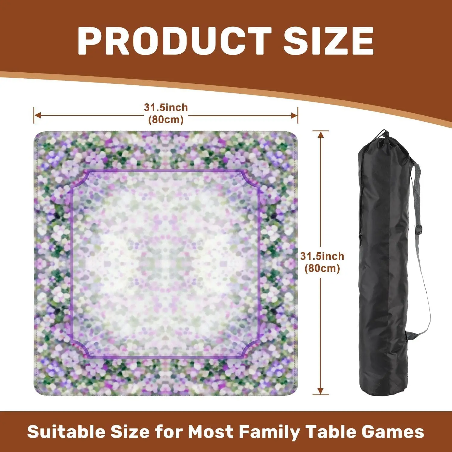 Neoprene 3mm Mahjong Table Cover Luxury 31.5 Inch Pastel Purple Blossom Floral Watercolor Frame Non Slip Noise Reduction