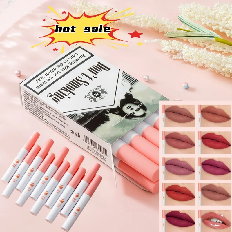 Kit de lápiz labial mate de 10 colores, tubo de humo de cigarrillo, brillo de labios de larga duración, resistente al agua, labios rojos desnudos,