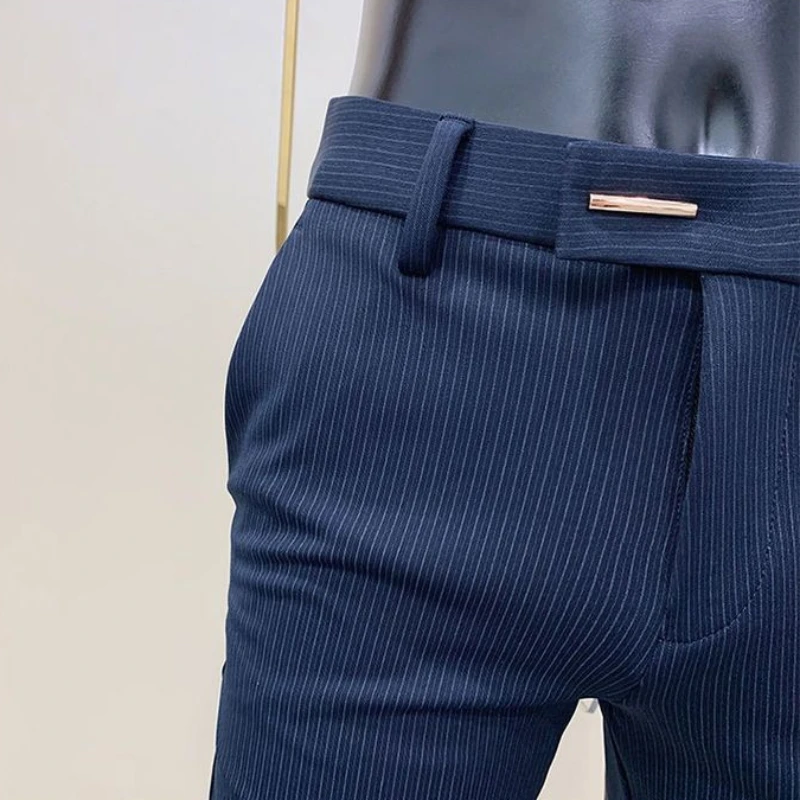 Gestreepte Zakelijke Heren Zomerbroek Nauwsluitende Strakke Sociale Maatwerk Herenpak Broek Tressed Hoge Kwaliteit Luxe Anti-Rimpel