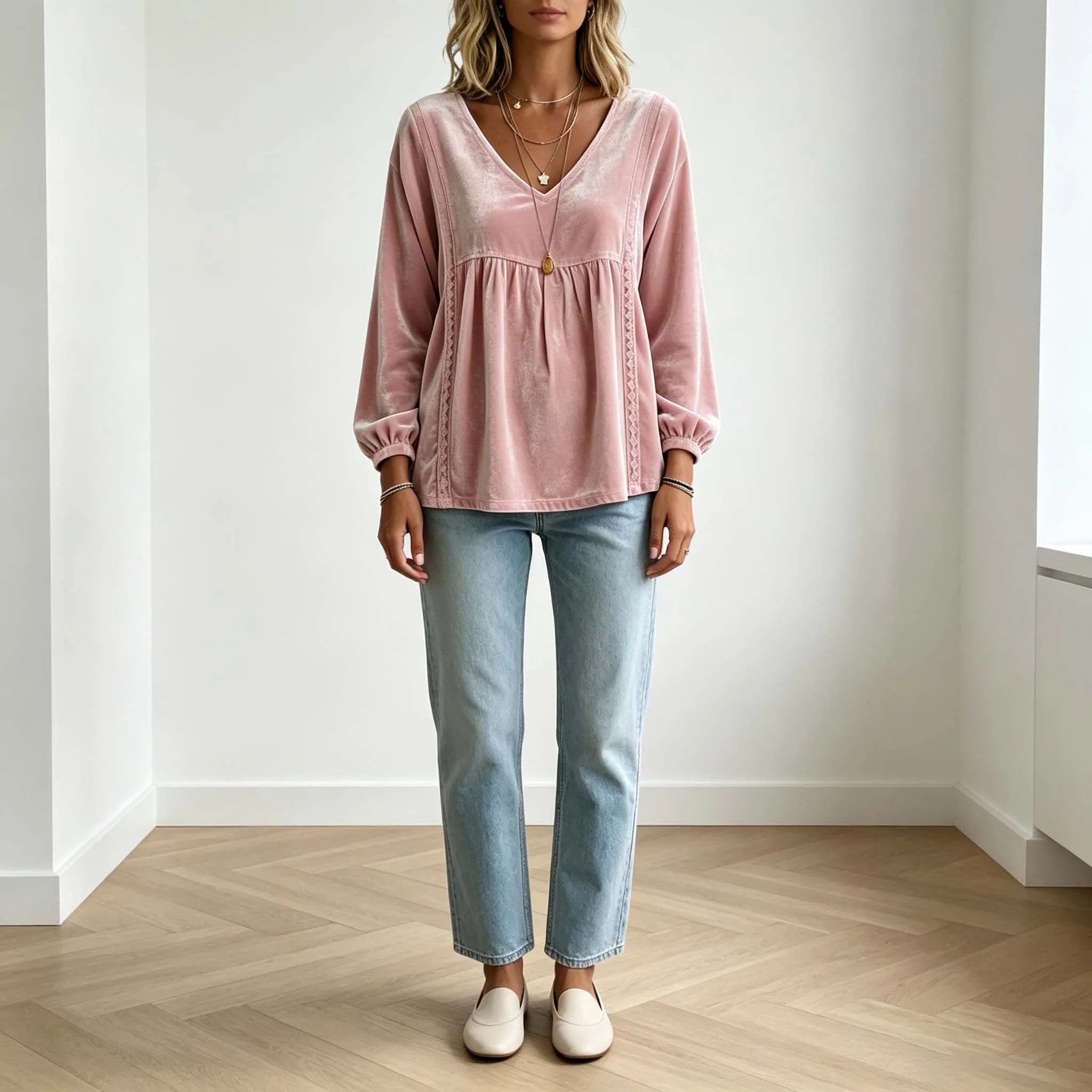 For Velvet Women's Casual For Top Solid Color for v Neck Long Sleeve Loose for Fit with Subtle Lace Trim for All Day Comfort