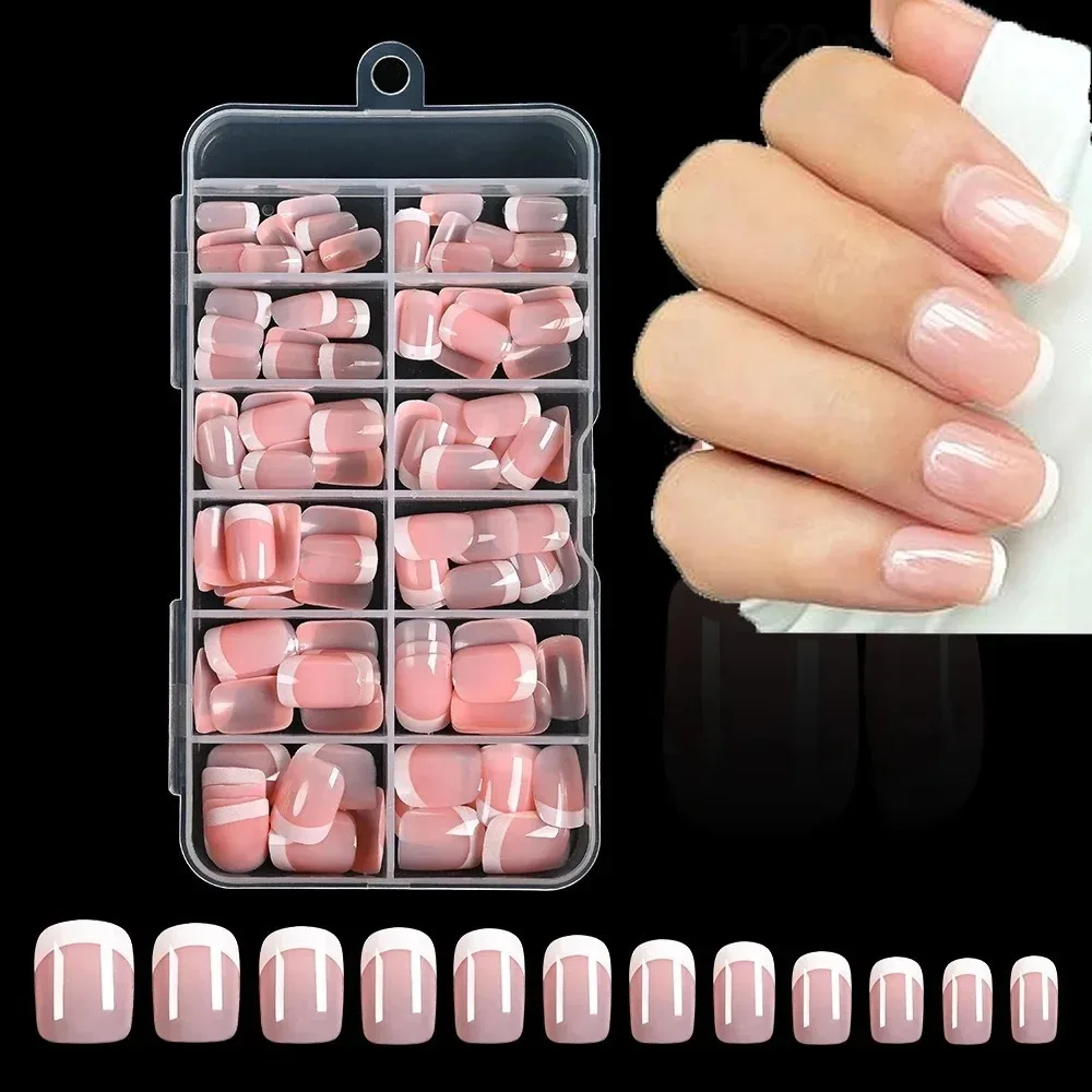 120Pcs Pink French Short Square Fake Nails 12-Sizes Full Cover Press On Nails Wearable Detachable Finished False Fingertips *TD