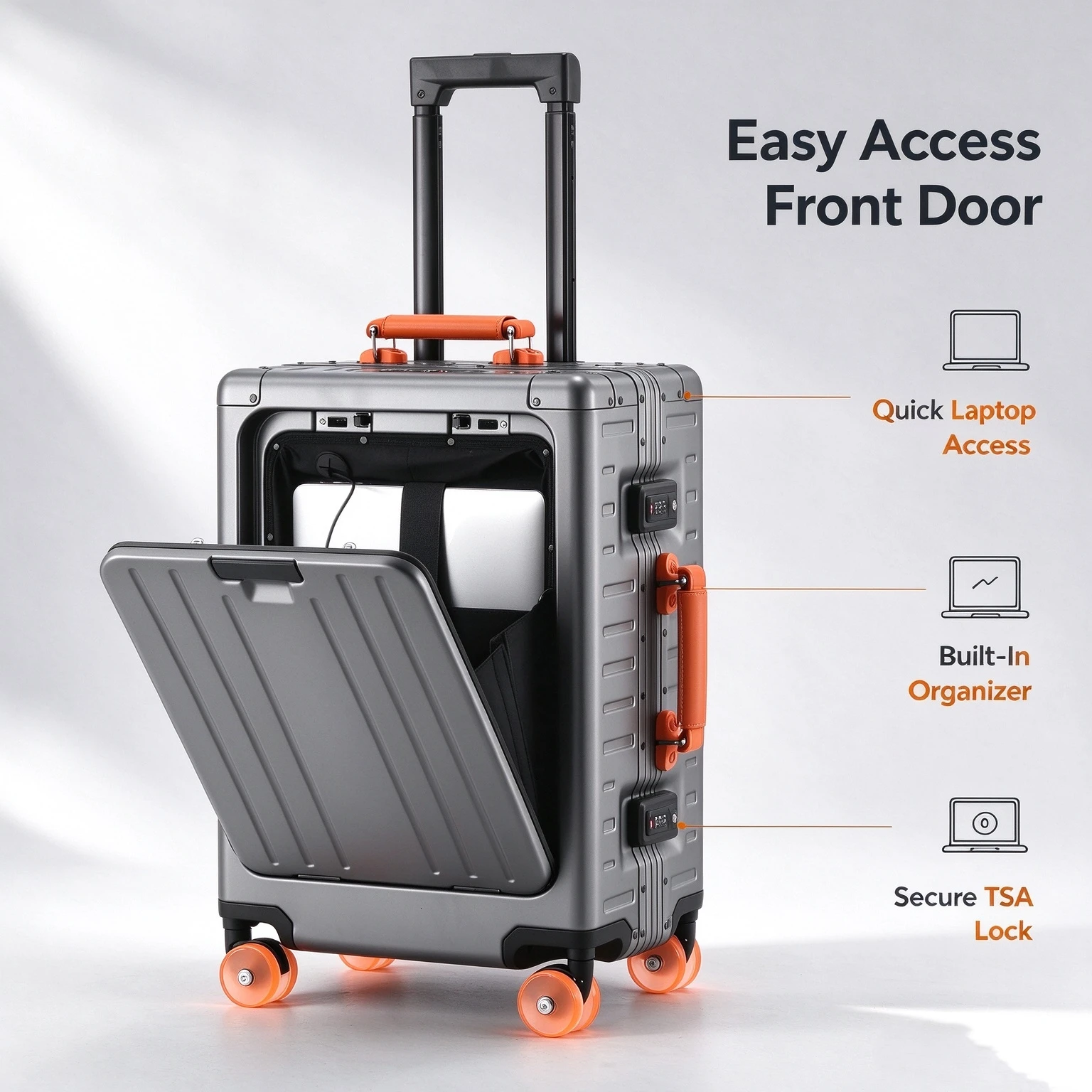 20in Front‑Open Carry‑on Luggage Hard Shell Suitcase USB Charge Cup Holder TSA Lock Silent‑Wheel Travel Case
