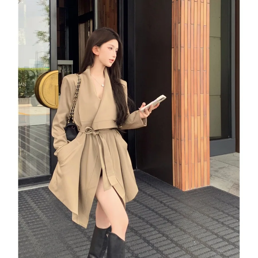 Fashionable Oversized Coat with Asymmetrical Collar Korean Style Women's Windbreaker Casual Leisure Outerwear Polyester Fiber