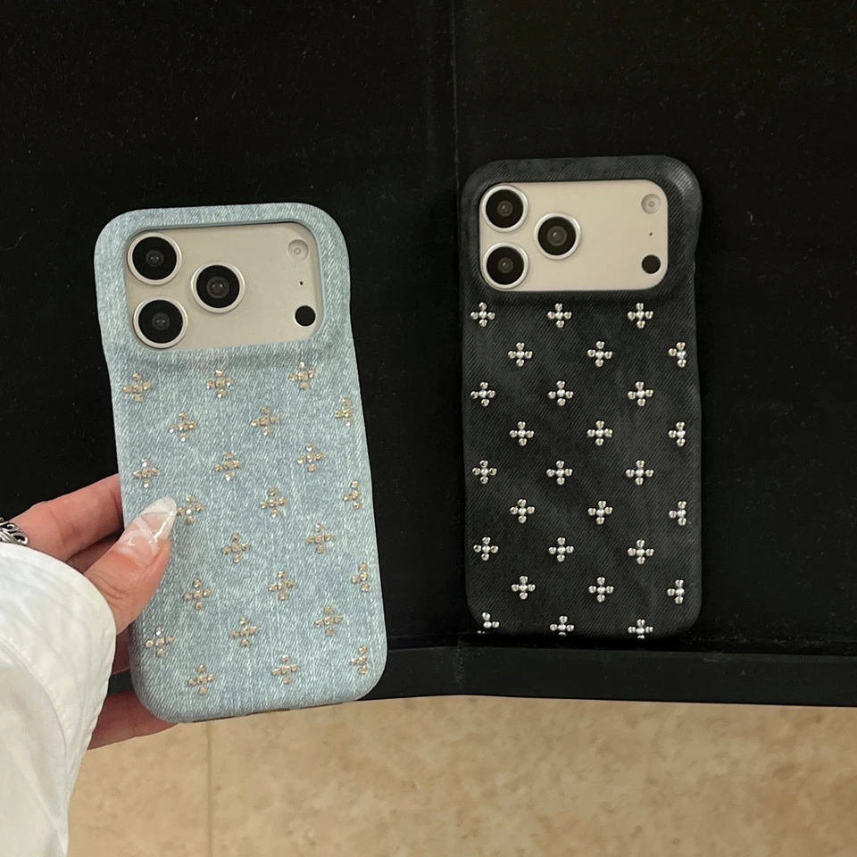 Retro Trendy Cool Blue Black Denim Texture Rivet  Small Flower Shock Proof Phone Cover Case for iPhone 17 16 15 14 Pro Max