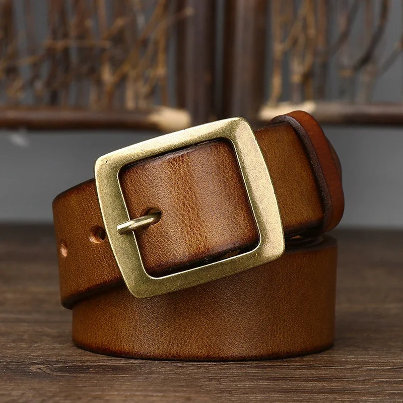 

3.8cm Width Thick Retro Cowhide Genuine Leather Belt For Men Solid Brass Copper Pin Buckle Belts Male Strap For Jeans