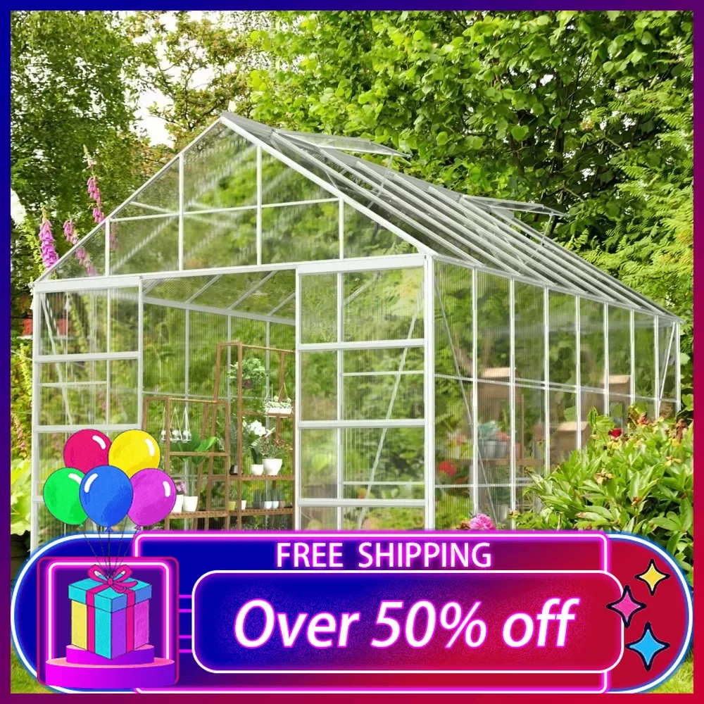 

10' x 16' Outdoor Aluminum Greenhouse Polycarbonate with Adjustable Roof Vent and Sliding Door for Backyard Garden in Winter