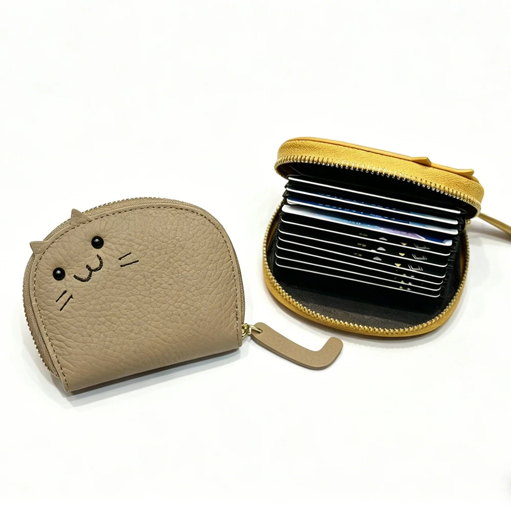 Women's Cute Cat Pattern Genuine Leather Card Holder Cartoon Mini Card Bag Portable ID Card Credit Card Storage Pouch for Woman