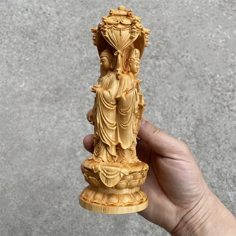 High 18cm Wood Carving Three Sided Buddha Figurine, Room Decor Amitabha Statue Sculpture Wood Art Ornament Home Decoration