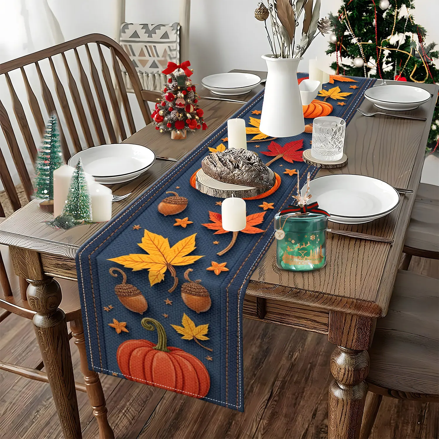 قطعة واحدة من مفرش طاولة بطابع الخريف مع اليقطين وأوراق الخريف وأنماط البلوط، مناسبة للتجمعات العائلية لعيد الشكر وديكور المنزل على الطراز الريفي #4