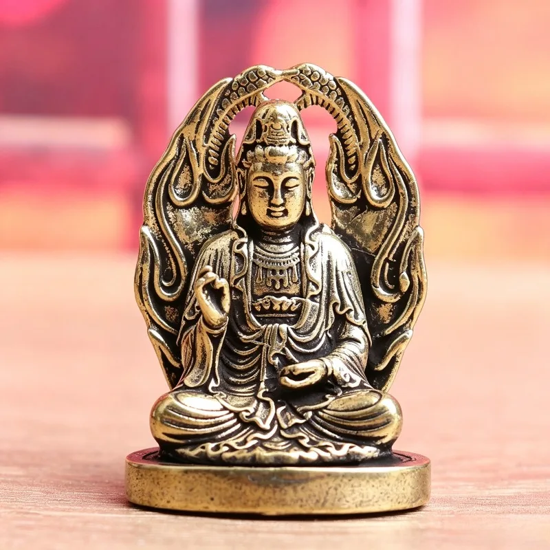 Vintage Brass Seated Guanyin Bodhisattva Statue, Dragon Halo Kwan-yin Figurine on Round Base, Mini Desktop Ornament
